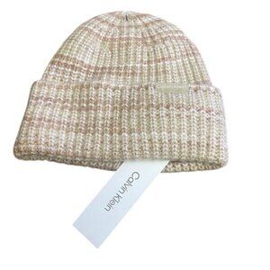 Calvin Klein Cream Stripe Hat One Size Beanie Unisex Thermal Comfort Winter NEW